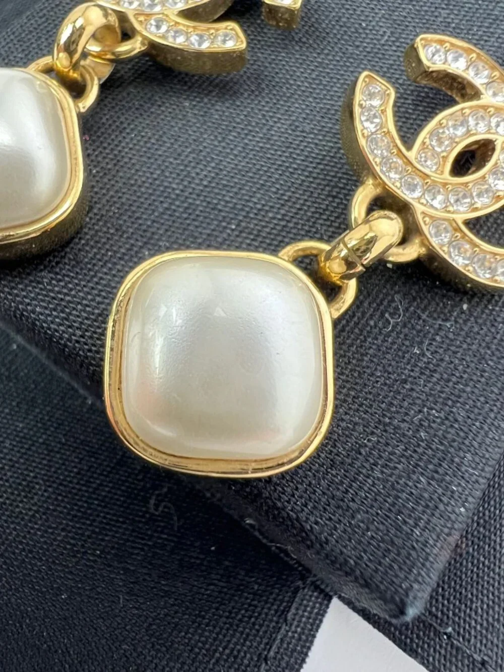 Chanel Gold Crystal CC Pearl Dangle Earrings